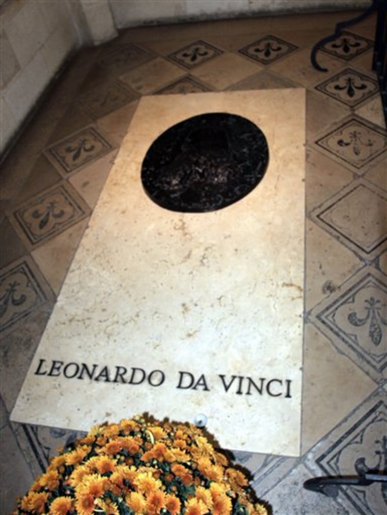 This Oct. 2005 photo shows the reported tomb of Leonardo da Vinci at Saint-Hubert Chapel at the Amboise castle, in the Loire valley, western France. A group of Italian scientists is seeking permission from French authorities to dig up da Vinci's body to conduct carbon and DNA testing in order to solve the mysteries of how he died, and whether the Mona Lisa was actually a self-portrait in disguise. (AP Photo/Bertrand Combaldieu)